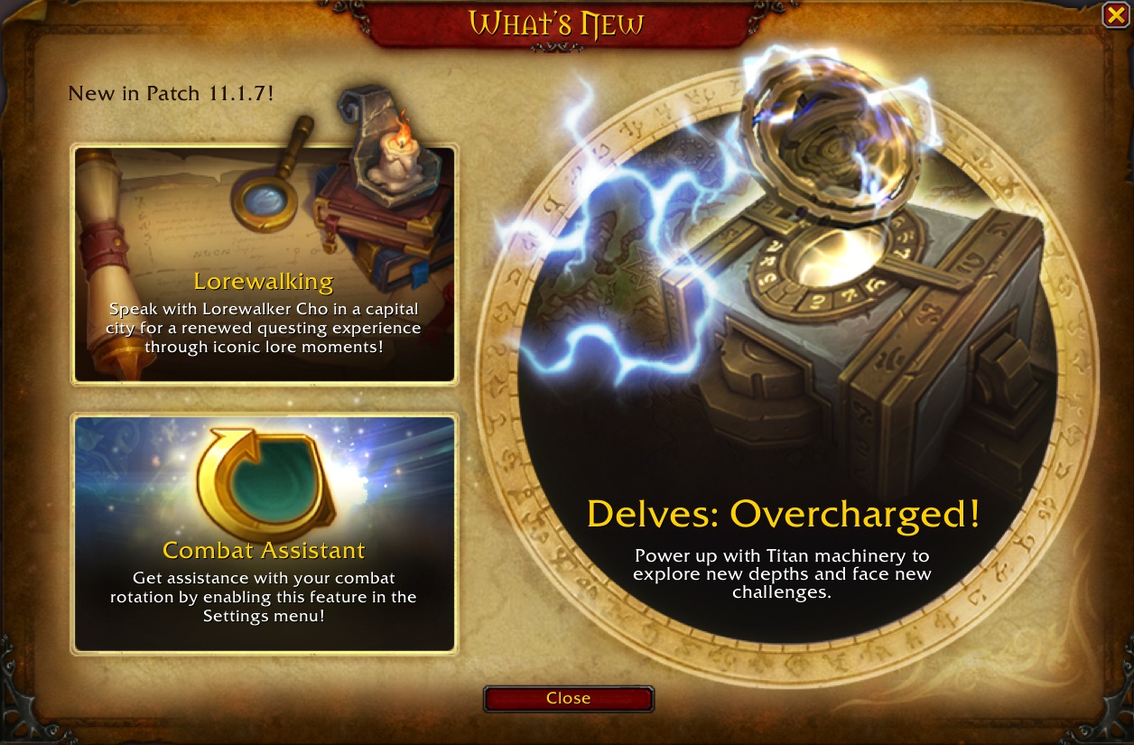 Adjustment 11.1.7 Splash Screen - Lorewalking, Overcharged Delves, Combat Assistant - Gameplay Impro